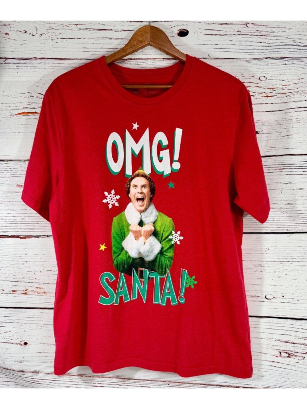 Elf Movie OMG Santa Graphic Red T-Shirt Large Christmas Holiday Tee Will Ferrel